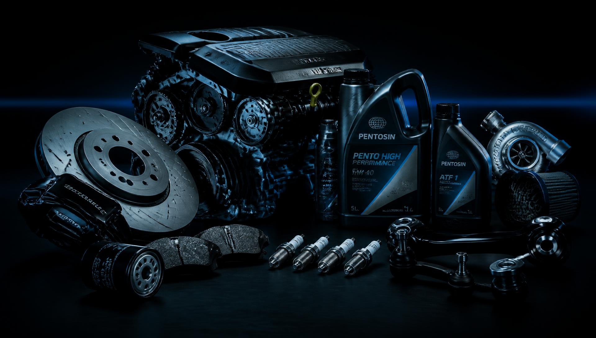 Genuine car and motorcycle parts on a workshop bench